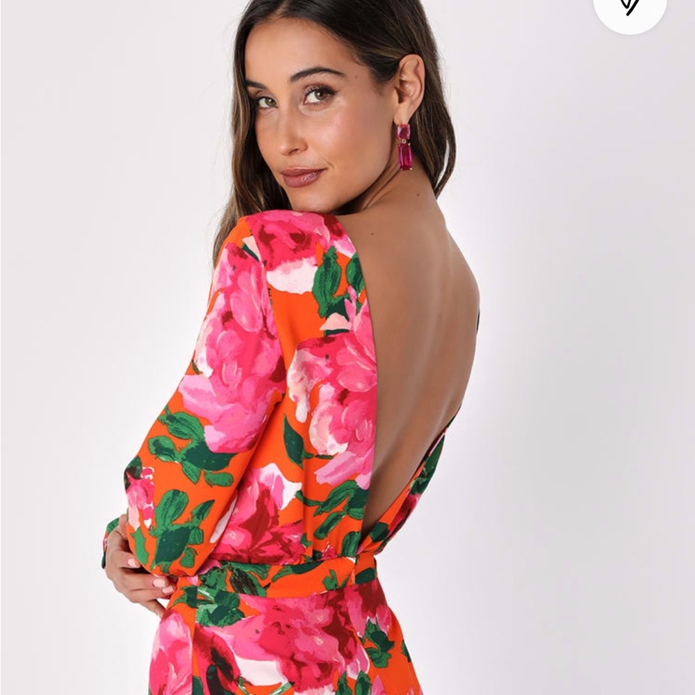 Lulu’s Orange pink floral romper open back vacation beach tropical